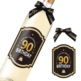 90th Birthday Bottle Label with Bow Black Gold Lacquer Finished 8.5 x 10.5 cm Happy Birthday 90 Birthday Decoration Birthday Gift Gifts for Women Men