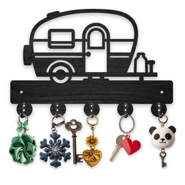 MAYJOYDIY Wooden Motorhome Key Hook Wall Mounted Outdoor Motifs Coat Stand for Wall 30 x 20 cm Black Key Holder with 5 Alloy Hooks for Entrance Area Bedroom Home Decoration