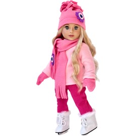 - Ice Skating Fun - 6 Piece Outfit Fits 18 inch Doll - Pink Fleece Blouse with Stretchy Leggings, Hat, Scarf, Mittens and White Ice Skates - (Doll not Included)