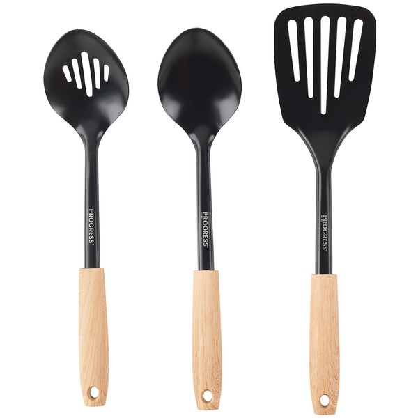 Progress BW09080EU Scandi Non-Stick Coated Steel Utensil Set Including Solid Spoon, Slotted Spoon, Slotted Turner, 3-Piece, Dishwasher Safe