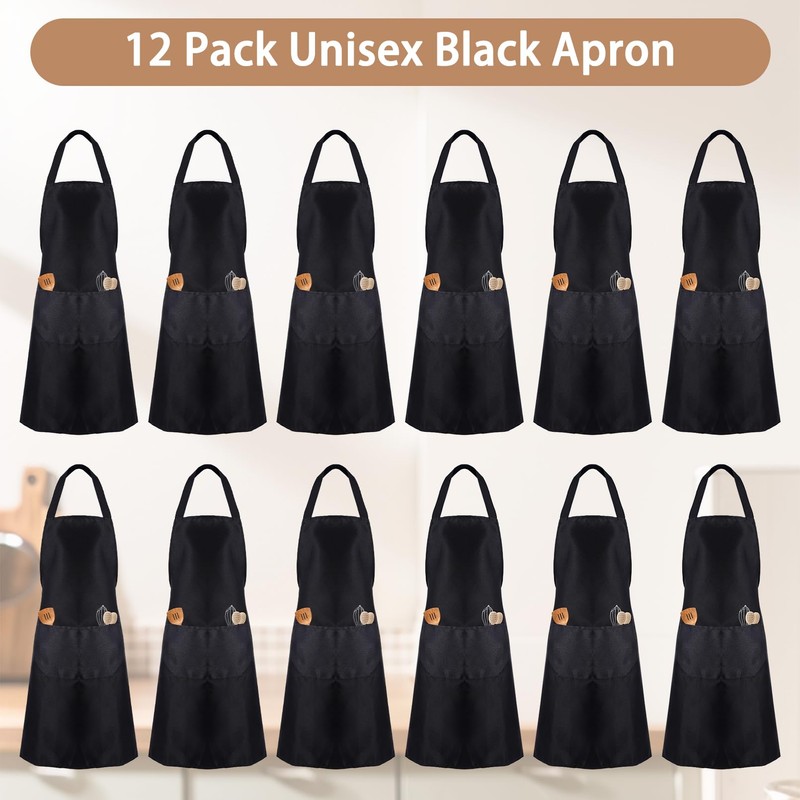 PIEMEET 12Pcs Bib Apron,Black Aprons Bluk,Bib Aprons with 2 Pocket,Kitchen