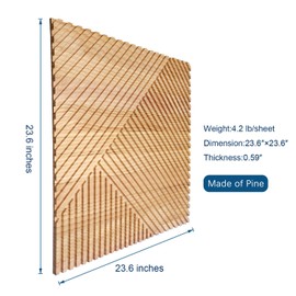 4 Pack 23.6×23.6×0.59 inches Wood Wall Tiles for Bed Room and Living Room,3D Slat Solid Wood Panels for Interior Wall Decor (Natural Varnished)
