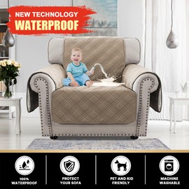 PrinceDeco 100% Waterproof Chair Sofa Slipcover for Living Room Water Resistant Couch Cover Furniture Protector Cover with Elastic Straps for Pets Kids Children Dog Cat(Chair 23", Taupe)