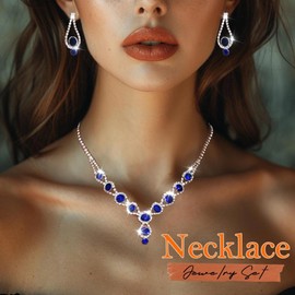 TWINKLEDE Rhinestone Necklace Bracelet and Earring Set Sparkly Blue Crystal Necklaces Jewelry Sets Prom Wedding Jewelry for Women (Earrings & Necklace & Bracelet Set-Royal Blue)