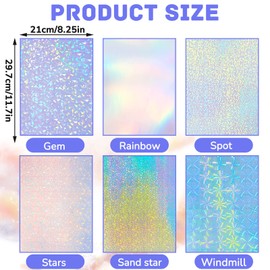 60 Sheets Holographic Laminate Sheets Clear Glitter A4 Size Vinyl Sticker Paper Holographic Overlay Self Adhesive Waterproof Film, 11.7 x 8.3 Inch (Gem, Rainbow, Spot, Star, Sand Star, Wind Mill)