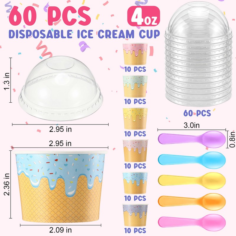 Jingmore 60 Set 4oz Ice Cream Paper Cups with Lids