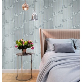 Textured Silver Metallic Blue Art Deco Lines Faux Fabric Modern Wallpaper Rolls