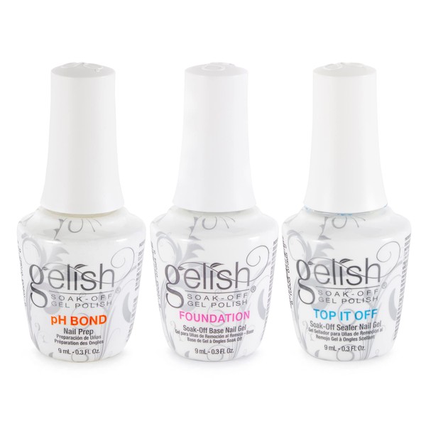 Gelish Mini Terrific Trio Essentials Collection 9 mL Soak Off Gel Nail Polish Kit with pH Bond, Foundation Base, and Top It Off