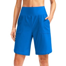 Viodia - Pantalones cortos de natación para mujer, de 9 pulgadas de largo, con bolsillos, cintura alta, para playa, longitud a la rodilla, para mujer con forro, azul (Vivid Blue), S
