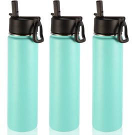 Volhoply 24oz Insulated Water Bottle With Straw Bulk 3 Pack,Metal Wide Mouth Water Bottles With Handle Lid Keep Cold,Reusable Double Wall Thermos,Powder Coated Sport Bottle For Holder(Mint,3 Count)