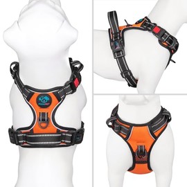 PHOEPET Arnés reflectante para perro, para razas grandes, ajustable, sin tirones, con asa, 2 anillos de metal, 3 hebillas [fácil de poner y quitar] (L, naranja)