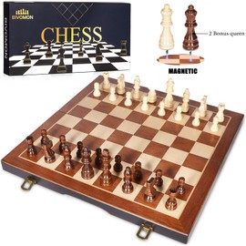 BIVOMON Magnetic Wooden Chess Set 15" Unique Chess Board Game with Chess Pieces Storage Slots, Tournament Portable Folding Travel Chess Sets for Kids Adults Beginner and Pros, 2 Extra Queens