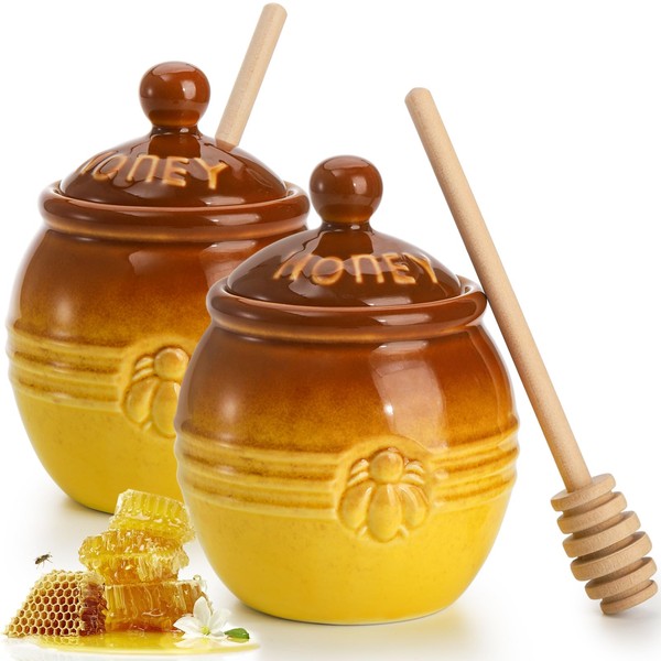 Hiceeden 2 Pack Ceramic Honey Pot with Dipper and Lid,