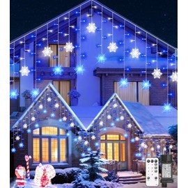 Icicle Outdoor Christmas Lights with Snowflake, 10.7M/35Ft 240LED Connectable Icicle Lights Waterproof,8 Modes&3 Timer&4 Brightness Levels with Remote for Eaves, Window,Festival Decor (Blue White)