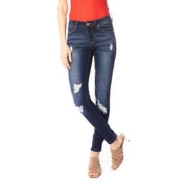 Kan Can Women's Mid Rise Destroyed Skinny Jeans Dark Wash KC8001HRD (9, Dark Wash)