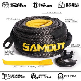 SAMOUT Synthetic Winch Rope Cable Kit: 3/8in x 92ft 25500LBS with Protective Sleeve + Forged 35000LBS Winch Hook + Safety Pull Strap,Yellow