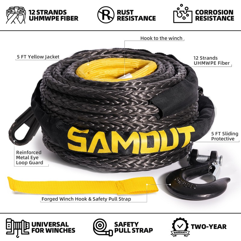 SAMOUT Synthetic Winch Rope Cable Kit: 3/8in x 92ft 25500LBS