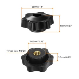 HARFINGTON 4pcs Star Knobs 1/4-20 Female Thread 38mm Head Plastic Through Hole Brass Screw-in Clamping Handles Threaded Hand Knobs, Black