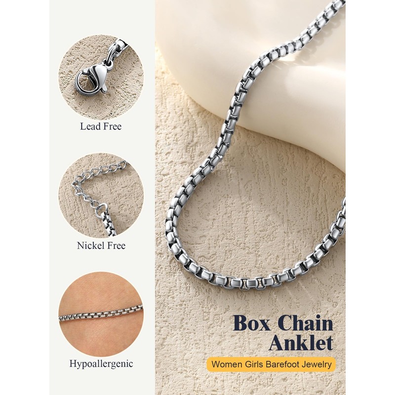 U7 Women Girls Ankle Bracelet Stainless Steel 3mm Box Chain