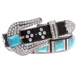 Cowboy Cowgirl Western Rhinestone Leather Belt with Big Turquoise Stone Concho, Black | S/M-34"