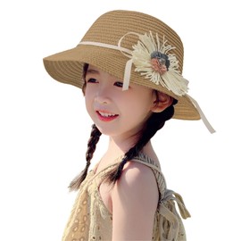 Kids Girls Summer Straw Sun Hat with Shoulder Bag Cute Bowknot Beach Travel Cap Outdoor UPF 50+ Wide Brim Cap Sun Visor Hat, Khakia, One Size