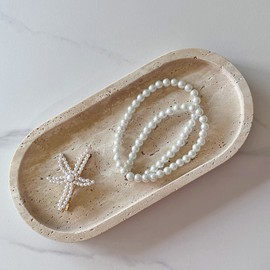 SAIDKOCC Natural Marble Oval Tray Ornaments Vintage Small Tray Storage Dish for Counter, Vanity, Dresser, Nightstand and Desk (Beige Travertine)