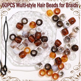 NAISKA 60PCS Round Hair Beads 6 Styles Assorted Braids Beads Acrylic Clip on Tube Bead for Hair Vintage Brown Loc Bead Braids Accessories for Women Girls