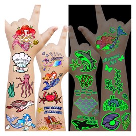 Cerlaza 75 Styles Under Sea Temporary Tattoos for Kids, Ocean Beach Pool Party Supplies Favors Decorations, Fake Tattoo Stickers with Mermaid/Shark/Dolphin/Fish (Metallic Glitter + Glow Styles)