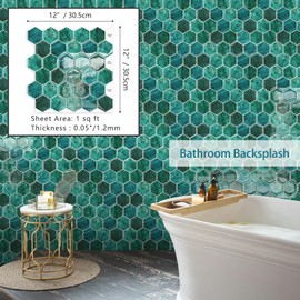 Green Marble Hexagon Peel and Stick Backsplash,12" x 12" Self Adhesive Back Splash Honeycomb Stick on Wall Tile for Kitchen,Bathroom,Fireplace,RV(10 Sheets)