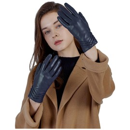 GSG SINCE 1998 Genuine Lambskin Leather Gloves for Women Warm Lined Touchscreen Winter Gloves W13150, Navy blue (wool lined)