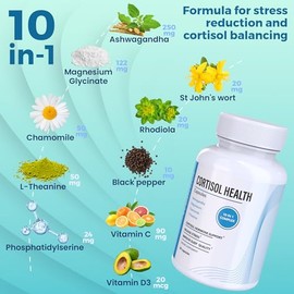Suplementos de cortisol 10 en 1 con magnesio, Ashwagandha, manzanilla, L-teanina, hierba de San Juan, Rhodiola, 60 cápsulas, suplementos de cortisol p