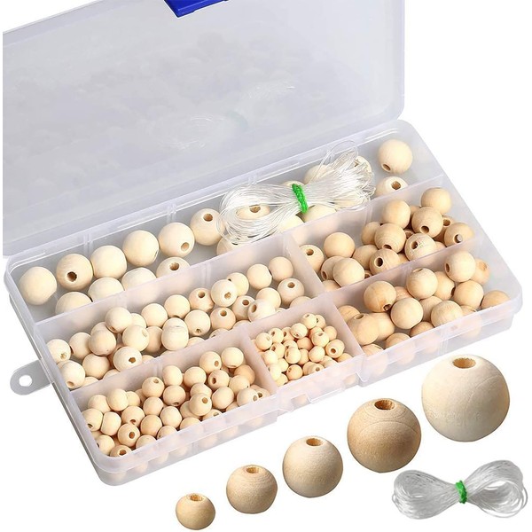 nuosen 220 Pcs Natural Wooden Beads, Round Wooden Beads with Box for DIY Jewellery Craft Making