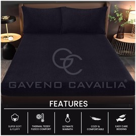 GC GAVENO CAVAILIA Teddy Fleece Plain King Size Fitted Sheets, Thermal Warm Sherpa Plush Soft Fluffy Cuddly Fitted Sheets King Size, Black