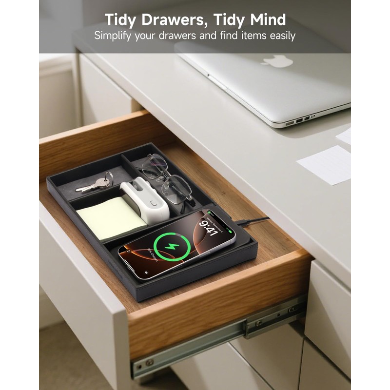 Valet Tray, Built in Wireless Charging Pad, Nightstand Organizer, Two-Toned