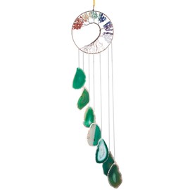 KYEYGWO Healing 7 Chakras Tree of Life Hanging Ornament, Green Agate Discs Hanging Handmade Gemstone Wind Chime Stone Dream Catcher Crystal Hanging Decoration for Home Office Wedding