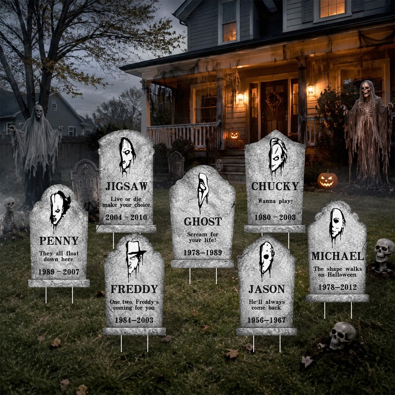 Arosche Halloween Horror Tombstone Plastic Yard Signs 7Pcs with Stakes