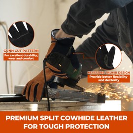HANDLANDY Leather Work Gloves for Men and Women, Utility Tough Cowhide Glove for Gardening, Wood Cutting, Welding, Construction, Chainsaw, Truck Driving, Yard Working etc. - Black Camel, Medium