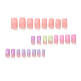 Square Press on Nails Medium Colorful Gradient French Tip False Nails Stars Fake Nails Cute Nails Full Cover Glossy Acrylic Nails Artificial Coffin Nails Glue on Nail for Women DIY Stick on Nails Set