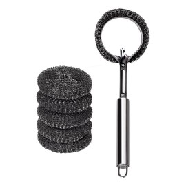 orimetre Long Handle Steel Wool Brush Set – 6 Replacement Heads & 1 Long Handle, Heavy-Duty Scrubber for Dishes, Outdoor Grill, Rust Removal, Floors, Commercial Flat Top, Drill & Kitchen Cleaning