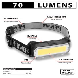 Performance Tool W2691 Firepoint 70LM AA Headlamp - Adjustable Elastic Strap, COB LED Strip, Water-Resistant, Black