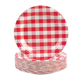 HFBOBP Pack of 50 Gingham Plates, 18 cm Checked Paper Plates, Checked Dessert Plates, Disposable Party Plates, Tableware for Picnic, Wedding, Birthdays, Camping, Party Supplies, Decorations (Red, 18