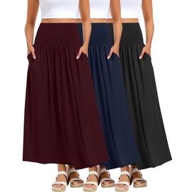 Ficerd 3 Pack Maxi Long Skirts for Women, Ankle Length High Waisted Pleated A Line Flowy Summer Casual Skirts with Pockets(Black, Navy Blue, Wine,Large)