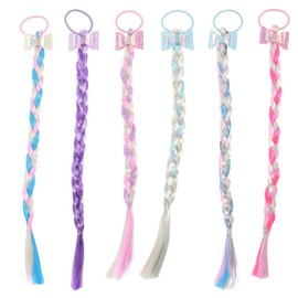 LALAFINA 6Pcs Colored Braids Hair Extensions with Rubber Bands Hair Extensions for Kids Bow Ponytail Hair Extensions Ponytail Hair Accessories for Women Kids Girls