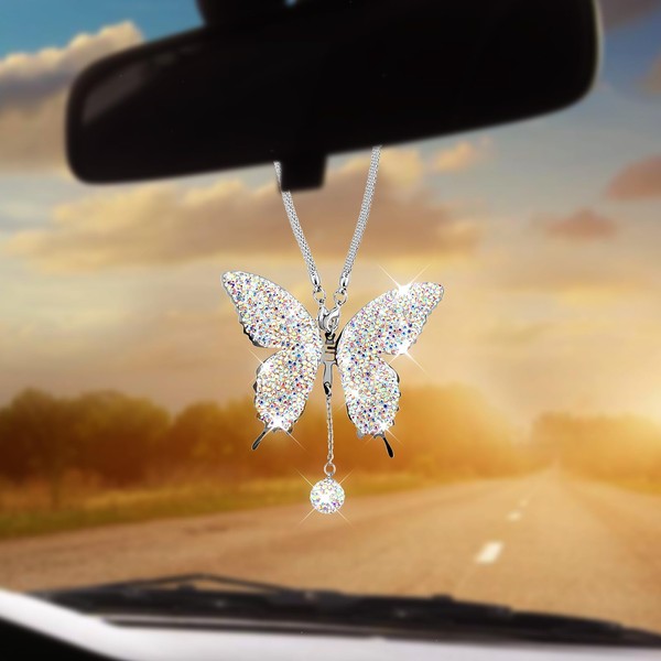 Maobr Bling Butterfly Diamond Car Accessories Crystal Car Butterfly Rear View Mirror Charms for Women Lucky Hanging Interior Ornament Pendant for All Cars