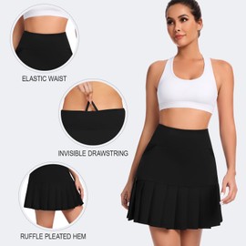 Soneven Women Knee Length Tennis Skort with Pockets High Waisted Long Athletic Golf Skirt Ruffle Pleated Dressy Casual Summer (Black,M)