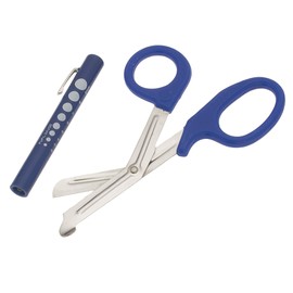 SURGICAL ONLINE Pupil Gauge LED Penlight with Bandage Scissors Matching Set for Doctor, Nurse, EMS, Medical Student, First Responder EMT Trauma Shears + Disposable Penlight - Many Color Choices (Blue)