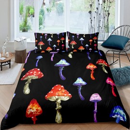 Homemissing Mushrooms Bedding Set Multicolor Cute Botanical Plants Duvet Cover for Kids Boys Girls Women Lovely Mushroom Comforter Cover Watercolor Bedding & Linen 2Pcs Single Size