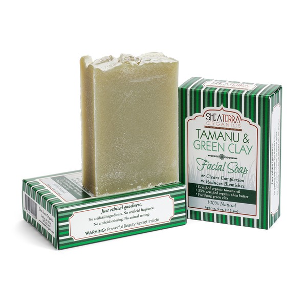 Shea Terra Organics Tamanu & Green Clay Purifying Facial Cleansing Soap | Anti-Aging Blemish Reduction Wonder Soap | All Skin Types - 4 oz