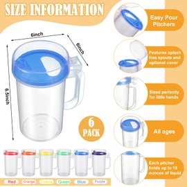 Newtay 6 Pack Early Learning Kids Easy Pouring Mini Pitchers Clear Plastic Pitcher with Lid and Handle Easy Pour Bottles 16 Oz. Jugs with Lids for Classroom Nursery Home (Colorful)