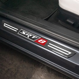 iPick Image Compatible with SRT-8 Logo Black Real Carbon Fiber 4 Pcs Universal Car Door Sill Step Protector Kick Plates, Set of 4 for Dodge Jeep RAM